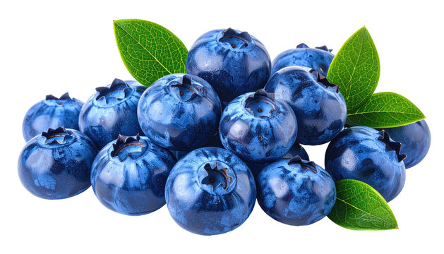 Fresh blueberries clustered together with vibrant green leaves.  A close-up view showcases the deep blue color and plumpness of the berries