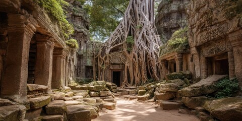 Fototapeta premium Sunlight streams dramatically into the heart of Angkor Thom, illuminating a breathtaking interior chamber within the Bayon temple. Massive, weathered stone walls, adorned with intricate carvings, 