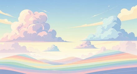 Fototapeta premium Dreamy Pastel Sky with Fluffy Clouds and Rainbow Hues.