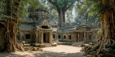 Sunlight filters through the dense canopy of trees, illuminating a majestic temple complex within Angkor Wat in Cambodia. Ancient stone structures, intricately carved with detailed reliefs, 