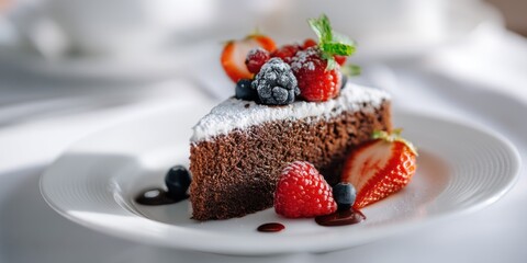 A decadent chocolate cake slice is presented on a white plate, adorned with fresh berries and a dusting of powdered sugar. The cake is rich and dark, with a glossy sheen, 