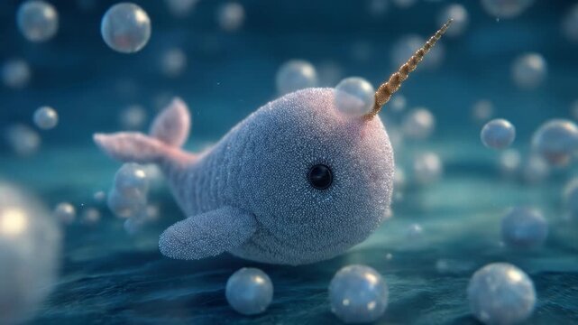 A textured narwhal swims among floating orbs in a stylized underwater scene, bathed in soft light. Its horn is detailed