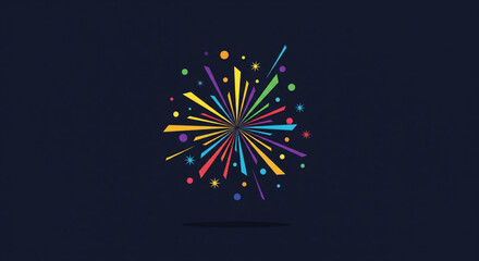 Abstract graphic illustration featuring colorful rays and dots emanating from a central point on a dark blue background.