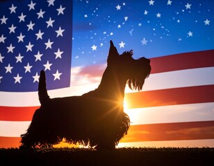 Silhouette of a Scottish Terrier against an American Flag sunset
