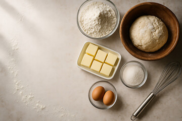 Baking Essentials Flour, Butter, Eggs, Sugar and Dough Ready for Cookies