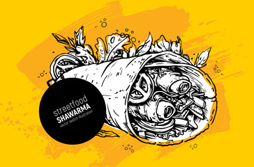 Savor the Delicious Shawarma Wrapped in Fresh Ingredients, Perfect for Any Meal or Snack. Hand drawn sketch vector illustration
