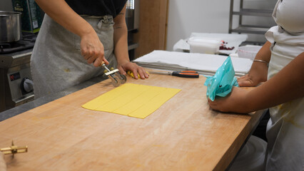 Skilled chefs meticulously prepare fresh pasta dough with focused intensity in a charming small Italian restaurant kitchen setting close up shots highlight culinary passion and precision during food