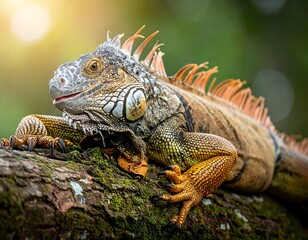 Fototapeta premium A detailed close-up of a large, colorful reptile on a weathered branch