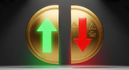 Split golden coin shows financial concepts: green up for growth, red down with risk symbols.