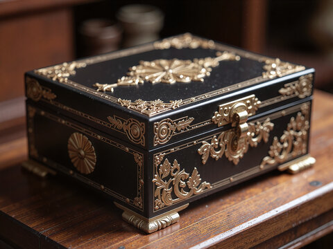 Close-up of a black lacquerware box with gold patterns on a wooden table,Lacquerware reflects refined craftsmanship and elegance.