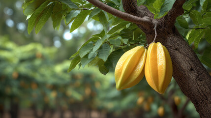 Star fruit hanging on tree branch in tropical orchard, vibrant yellow color, lush green leaves, natural daylight, fresh and healthy