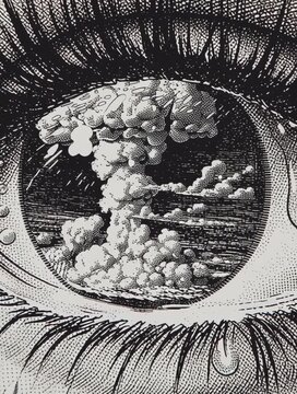 Atomic bomb explosion reflected in a crying eye, black and white