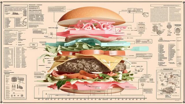 Technical scheme of a deconstructed gourmet hamburger showing layers of bun, lettuce, cheese, beef patty, onions, tomato, and bacon with blueprint annotations and intricate diagram elements