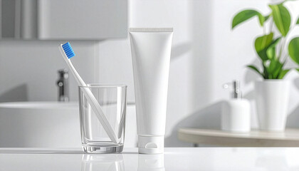 Toothbrush and toothpaste on a bright bathroom counter