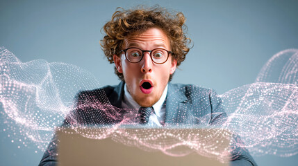 Astonished finance manager opening laptop with holographic data streams emerging, surprised expression, curly hair, modern office mood, futuristic glow, dynamic energy