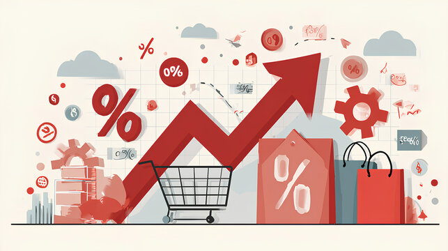 Business graph with percentage, shopping discount and tax adjustment concept, interest rate changes to fight inflation, investment return, and retail sales growth strategy.