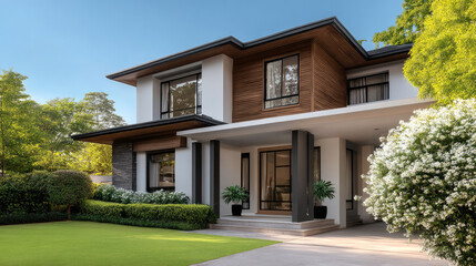 Fototapeta premium Modern house exterior with large windows, white walls, wood accents, lush green lawn, and vibrant landscaping under clear blue sky