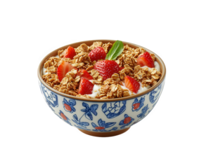 A delightful bowl of granola with fresh strawberries isolated on transparent background, offering a healthy and delicious breakfast or snack option for any time of day