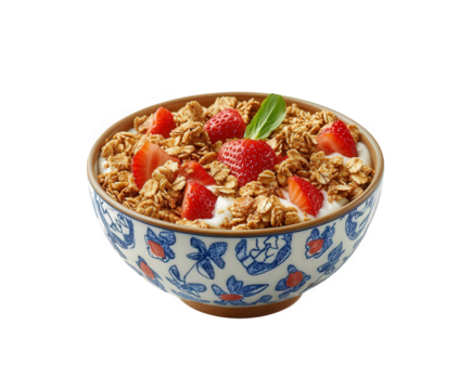 A delightful bowl of granola with fresh strawberries isolated on transparent background, offering a healthy and delicious breakfast or snack option for any time of day