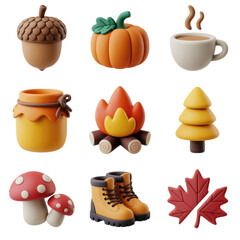 Cute cartoon autumn elements collection featuring acorns pumpkins campfires and more