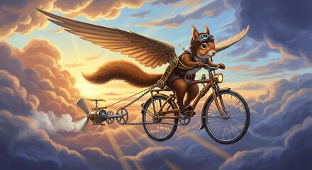 Flying Squirrel on a Bicycle with Wings Soaring Through a Cloudy Sky at Sunset.