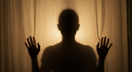 A haunting silhouette of a person trapped behind a translucent curtain, hands pressed, evoking feelings of fear, mystery, and isolation in a dimly lit, psychological space