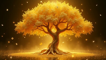 Golden Tree of Life with Glowing Leaves and Roots in a Magical Forest.
