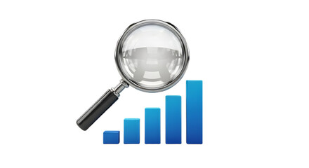 Magnifying glass over a bar graph isolated on transparent background