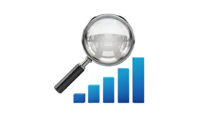 Magnifying glass over a bar graph isolated on transparent background