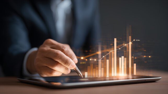 business man analyzing digital financial charts and growth trends on a tablet, highlighting the role of technology and data analysis in modern market research and business planning strategies.