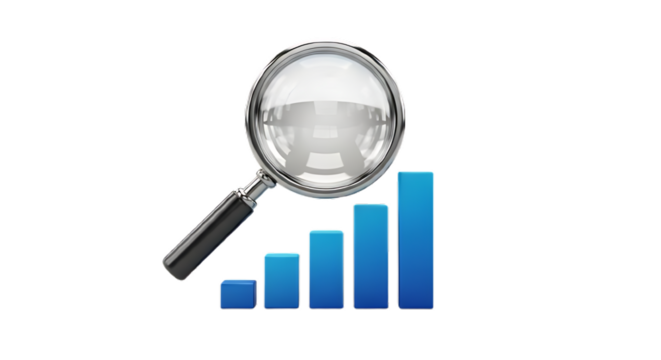 Magnifying glass over a bar graph isolated on transparent background