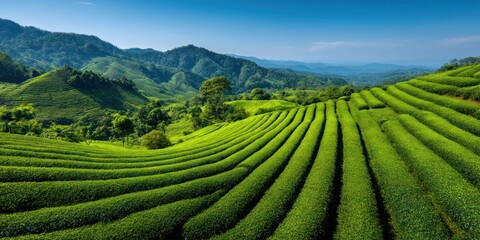 A breathtaking panoramic view showcases a vast, terraced tea plantation cascading down a hillside. Lush, vibrant green tea bushes form intricate, parallel rows that stretch towards the horizon. 
