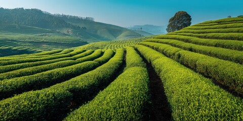 A breathtaking panoramic view showcases a vast, undulating tea plantation stretching across a rolling hillside. The meticulously terraced fields of vibrant green tea bushes create a dramatic, 