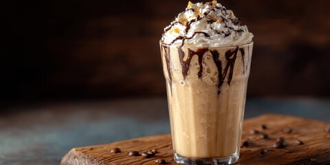 A tall, clear glass filled with a creamy chocolate milkshake is presented against a dark, rustic wooden surface. The milkshake is layered with a rich, brown coffee base and topped with a generous...