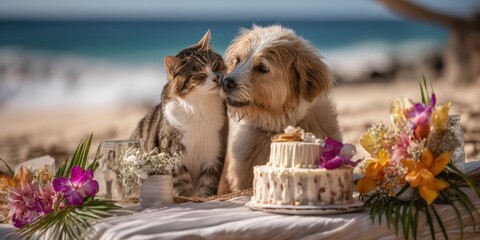 A golden retriever and a tabby cat share a celebratory picnic on a sandy beach. The dog, with a fluffy coat and a gentle expression, leans in to nuzzle the cat, who is playfully pressing its head...