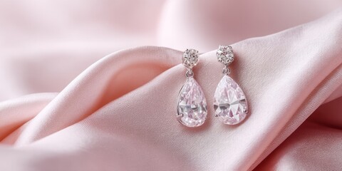 A pair of elegant, pink diamond drop earrings rests delicately on a soft, blush pink silk fabric. The earrings feature two round, faceted pink gemstones suspended from slender, white metal settings. 