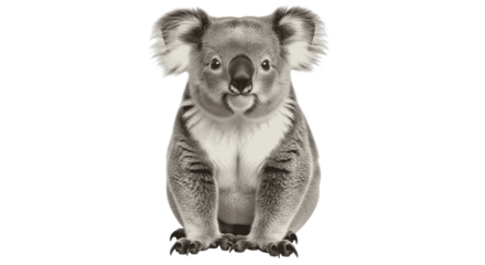 Adorable koala bear sitting upright looking forward with its tongue out isolated on transparent background