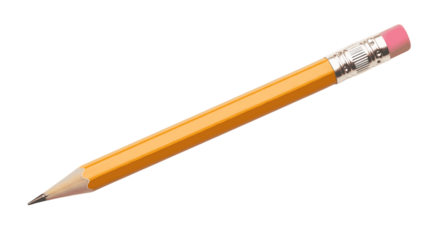 A sharpened yellow wooden pencil with a pink eraser and a subtle graphic pattern on its ferrule isolated on transparent background