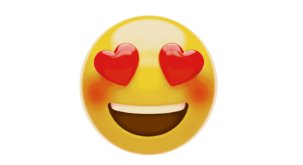 A happy yellow emoji face with red heart eyes and a wide open mouth isolated on transparent background