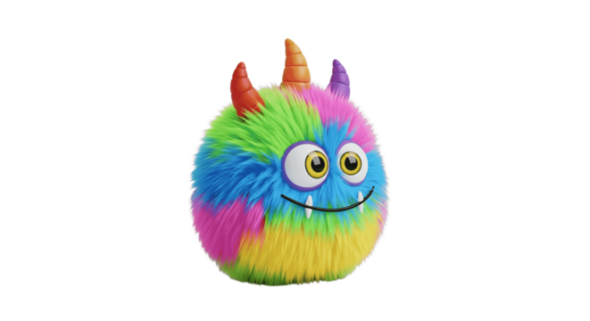 Cute fluffy colorful monster with horns and big eyes isolated on transparent background - Powered by Adobe