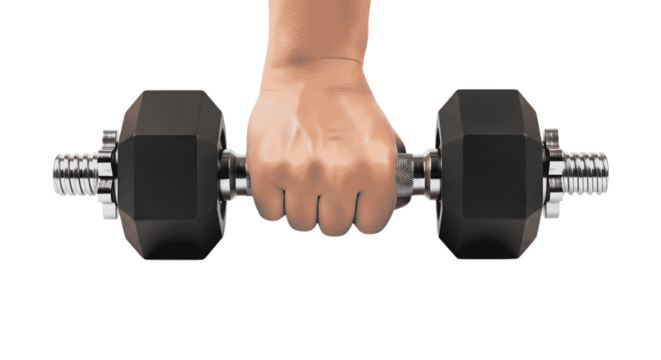 Hand holding a hexagonal dumbbell for weightlifting and strength training isolated on transparent background