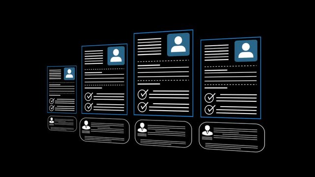 Online checklist templates for HR management concept on the transparent background. Digital recruitment, employee qualifications, and selecting top talent through HR documentation. 4k video animation.