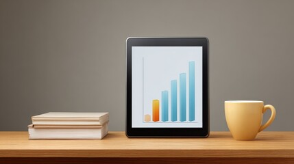 Modern desktop scene featuring a tablet displaying a business growth chart alongside stacks of books and a coffee mug on a wooden surface in a minimalist setting