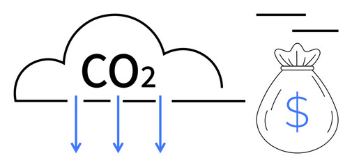 CO2 cloud with downward arrows indicating reduction connected to a money bag. Ideal for carbon capture, sustainability, economic growth, climate action, renewable energy, green investment, simple
