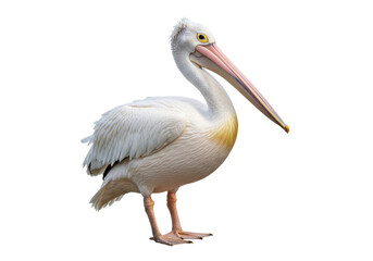 Obraz premium Great white pelican isolated PNG on transparent background, large aquatic bird with long beak and yellow eye, wildlife animal