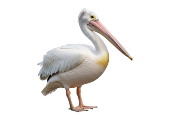 Great white pelican isolated PNG on transparent background, large aquatic bird with long beak and yellow eye, wildlife animal