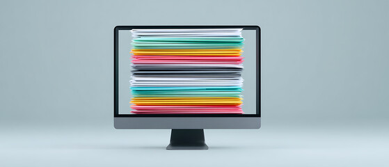 Computer monitor screen full of colorful file folders and documents, symbolizing digital documentation, massive data organization, and paperless office.