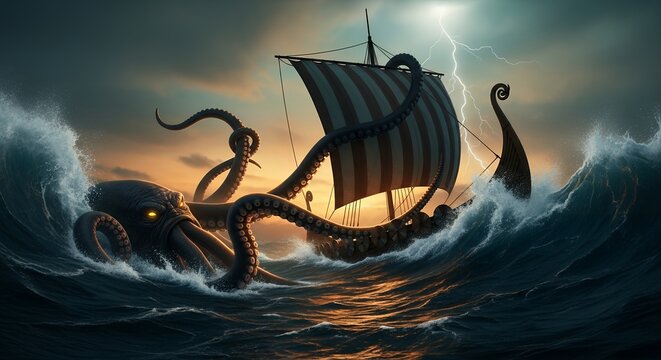 Kraken attacking a Viking ship in a stormy, moonlit sea.