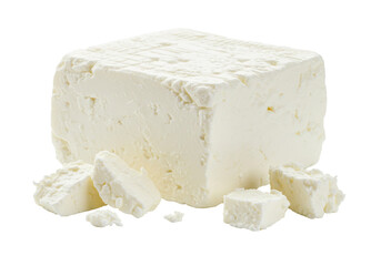 Block of feta cheese isolated on transparent background, traditional Greek dairy product made from sheep milk for salads and cooking