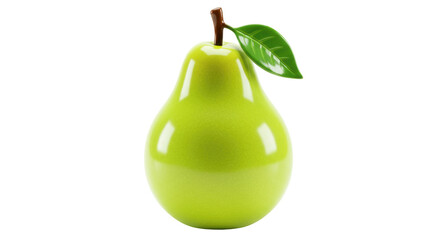 Shiny green pear isolated PNG, realistic fruit with stem and leaf on transparent background, healthy eating concept
